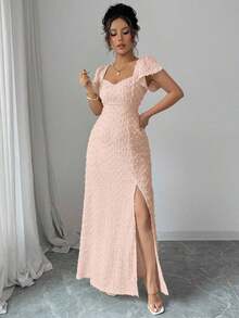 Vestido largo elegante y delgado de unicolor con espalda descubierta, lazo y mangas de loto con abertura alta, para vacaciones y citas en primavera/verano - Rosa - Ver 3