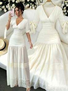 Vestido de manga corta con cuello en V profundo, diseño de encaje, elegante y minimalista, versátil para uso diario y ocasiones especiales, ideal para primavera/verano - Albaricoque - Ver 1