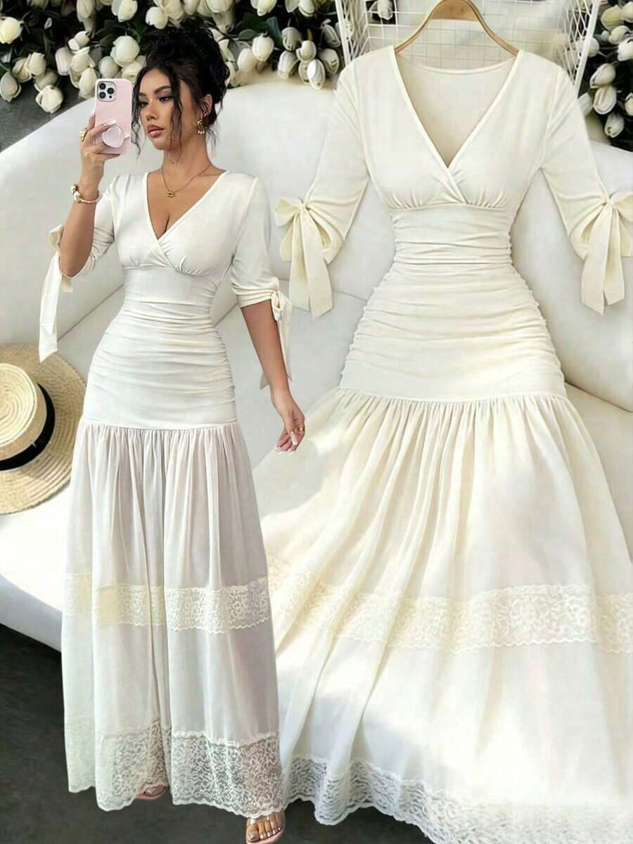 Vestido de manga corta con cuello en V profundo, diseño de encaje, elegante y minimalista, versátil para uso diario y ocasiones especiales, ideal para primavera/verano - Albaricoque - Ver 1