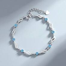 Korean Sterling Silver 925 Heart Shaped Crystal Necklace And Bracelet Set For Women, Vintage Party Jewelry, High-End Gift. - 藍色手鐲 02 - 查看 12