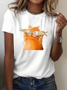 Women's Casual Summer T-Shirt With Small Orange Cat Fishing Print, Fashionable Short Sleeve, Casual Round Neck, Women's Clothing - 綠色 - 查看 9