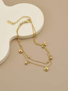 1pc Fashion Textured Shell Lantern Double Layer Stainless Steel Anklet For Women, Adjustable Gold Plated Beaded Anklet/Bracelet, Summer Beach Jewelry, Gift - Yellow Gold - View 4