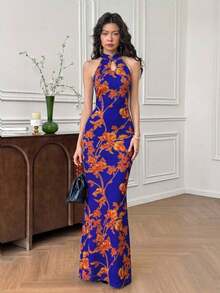 xheEastFlair Vestido cheongsam ajustado con cuello abierto y bajo dividido con estampado de dragón chino elegante para mujerxhe - Naranja - Ver 6