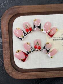 10pcs Y2K Nails Square Press On Nails Set - Handcrafted, Pink Nails, Black Nails, Red And White French Tip Nails, Handmade 3D Cherry And 3D Billiards Nails Art, Hand Drawn Black Polka Dot And Leopard Print Design, Aesthetic - Multicolor - View 11