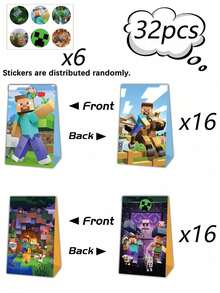像素游戏主题派对礼品袋 - 4 款设计，灵感源自 Minecraft 的纸质礼品袋，可装糖果、零食和礼物，是电子游戏主题派对、生日派对和各种活动的完美之选。 - 多款 - 查看 7