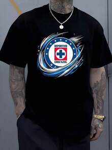 Símbolo que representa fuerza unión y pasión deportiva con un emblema circular rodeado de estrellas y trazos azules dinámicos inspirados en el espíritu de superación camiseta de hombre casual cómoda de alta calidad ideal para fanáticos y uso diario - Negro - Ver 8