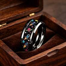 Personalized Men's Sci-Fi Ring, Black Tungsten Steel Band With Colorful Enamel Space Pattern, Accessory - Silver - View 10