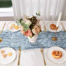 2pcs Grey-Blue Cheese Cloth Table Runner, 35x120 Inch Boho Crinkle Gauze Table Runner, Suitable For Wedding, Bridal Shower, Birthday Party, Farmhouse Dining Table Decor - Dusty Blue - View 2