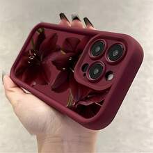 1pc Wine Red Gradient Pattern Minimalist Lens Protection Anti-Fall Anti-Collision Simplistic Wine Red Lily Flower Design Phone Case, Compatible With IPhone 16 Pro Max, 17/16/15/14 Plus/13/12/11, Air, Series - Multicolor - View 3