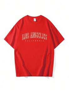 Camiseta de cuello redondo impresa con letras de los Ángeles camiseta de verano de moda de manga corta casual y relajada blusa de mujer - Burdeos - Ver 5