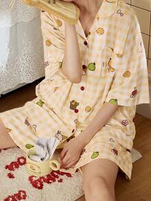 Gongdie Bộ 2 món đồ ngủ nữ, bộ đồ ngủ ngắn tay mùa hè, đồ ngủ cotton mềm họa tiết kẻ caro, đồ mặc nhà chi tiết túi hoạt hình dễ thương - Màu be - Xem 5