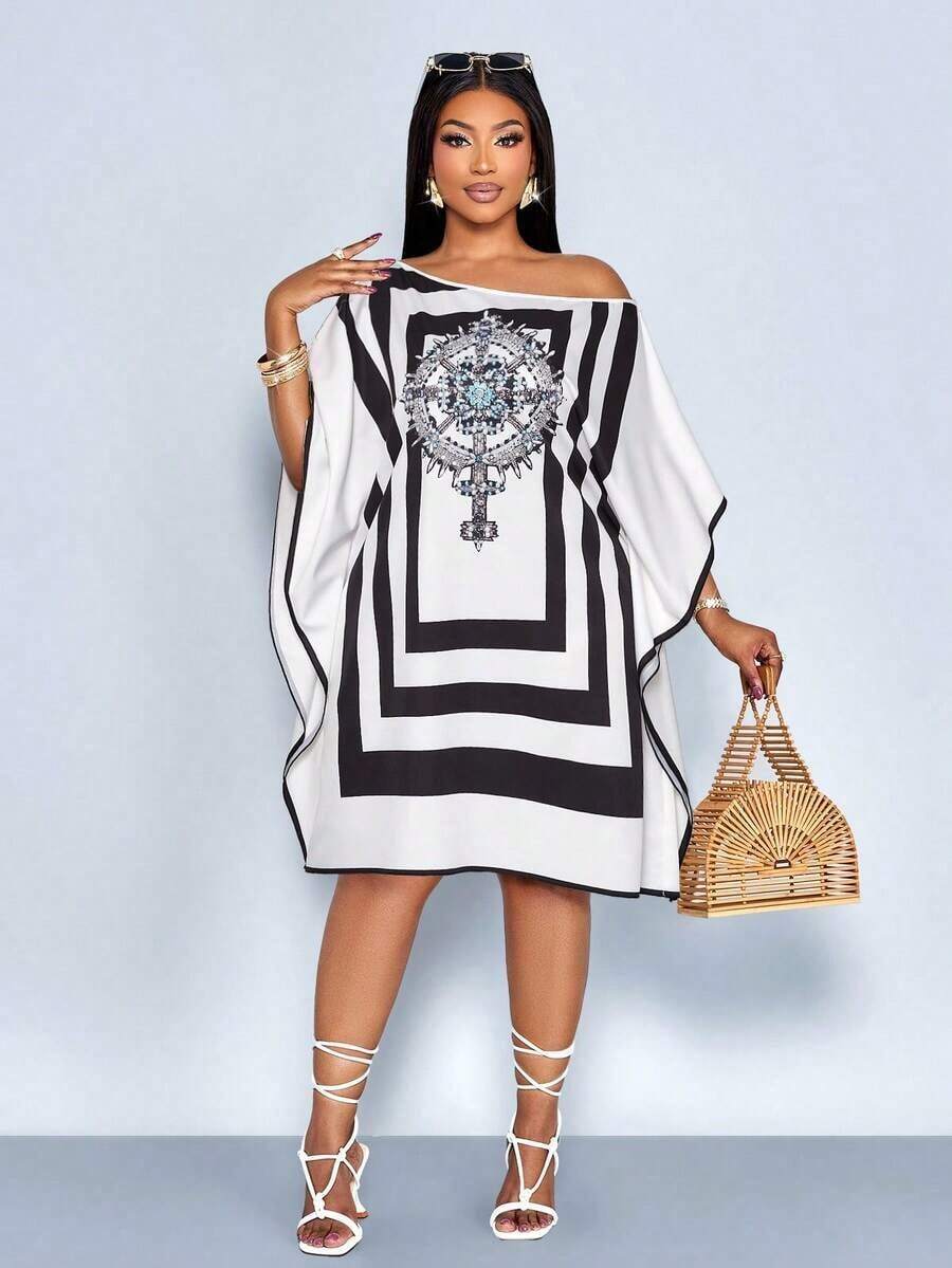 Vestido de mujer de talla para primavera y verano, elegante y para vacaciones casuales, vestido de longitud media con hombros inclinados, hombros asimétricos, pañuelo cuadrado off shoulder, vestido con patrón de rayas en bloque de color negro y blanco, impresión de posicionamiento, impresión tejida, adecuado para uso diario, compras, citas, ropa de amigas, ropa de invitados de boda, ropa de vacaciones, digno y adinerado, vacaciones de lujo tranquilo - Blanco y Negro - Ver 1