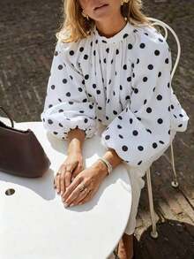 Blusa elegante y casual de lunares para mujer - Cuello con lazo, mangas farol, corte holgado, diseño con volantes para vacaciones - Blanco - Ver 4