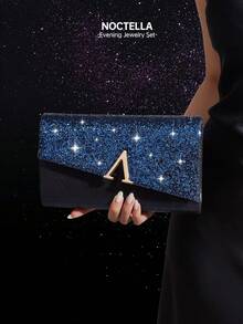 Noctella Shiny Sequin Women's Evening Clutch, Elegant And Fashionable V-Shaped Flap Crossbody Bag, New Luxury Party Bag, Paired With Sparkling Rhinestone 2 Pieces Jewellery Set, Necklace And Earrings, Suitable For Weddings, Evening Banquets And Parties, Can Be Matched With Prom Dresses, Party Dresses, Evening Gowns And Wedding Dresses, Perfect Accessory For Attending A Prom. - Navy Blue - View 5