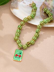 1/3Pcs Layered Green Resin Beaded Necklace For Women - Boho Choker With Cherry Pendant - 3PCS Bohemia Striped & Marbled Resin Beads Necklaces Set - Green - View 4
