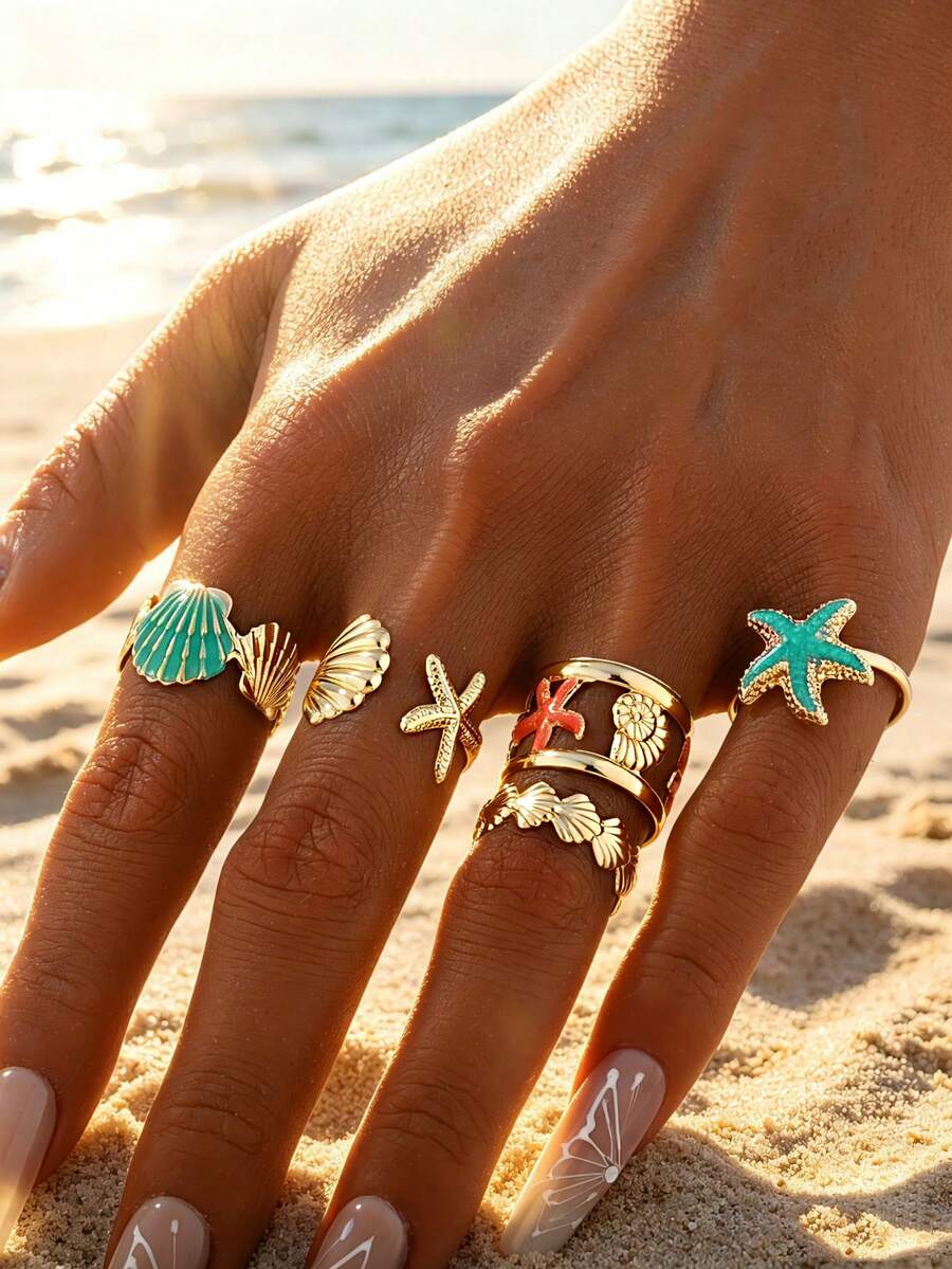 Juego de anillos esmaltados con diseño de conchas y estrellas de mar, estilo de vacaciones en la playa oceánica de verano - Multicolor - Ver 1