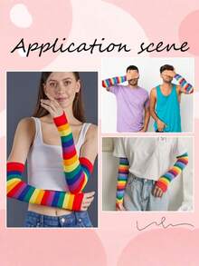 2pcs Rainbow Striped Fingerless Arm Sleeves, Y2K Style Knit Sun Protection Arm Warmers - Multicolor - View 2