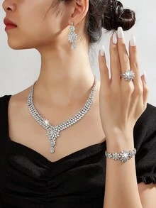 5Pcs/1Set Fantay Sparkling Cubic Zirconia Jewelry Set For Necklace, Drop Earrings, Bracelet & Ring For Weddings & Parties - CY1005 - View 4