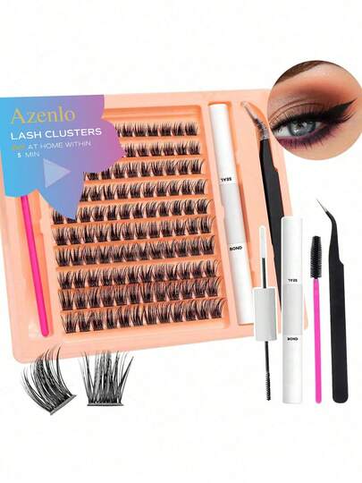 AZENLO C-Curl Individual Lashes, 120pcs Set, Fluffy DIY False Eyelashes, 10/12/14/16mm Mixed Length, Soft & Natural Cluster Lash Extension Kit