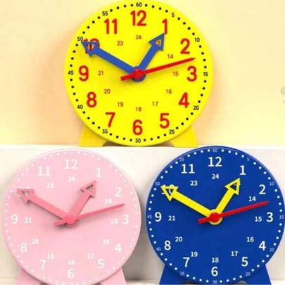 1 Piece. Learning Clock - Blue. Pink. Yellow Clock Model Set, With Three Hands Connected, For Time Recognition, Learning Aid For Hour, Minute, Second Cognition, Colorful Clock Time Teaching Auxiliary Tool. Back To School Season. School Opening Season. Teaching Tools (Pointer Colors Are Random)