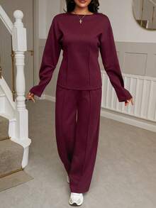 Setelan Sweatshirt dan Celana Panjang Sedang dengan Pinggang Ramping untuk Wanita, Warna Abu-abu. - Burgundy - View 10