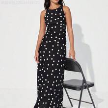 Soqi Women's Clothing  Vestido maxi elegante y sofisticado de estilo vintage francés para mujer, con diseño asimétrico, cuello redondo, sin mangas, de tela de acetato satinada con estampado de lunares y bloques de color, versátil y apropiado para el trabajo - Blanco - Ver 6