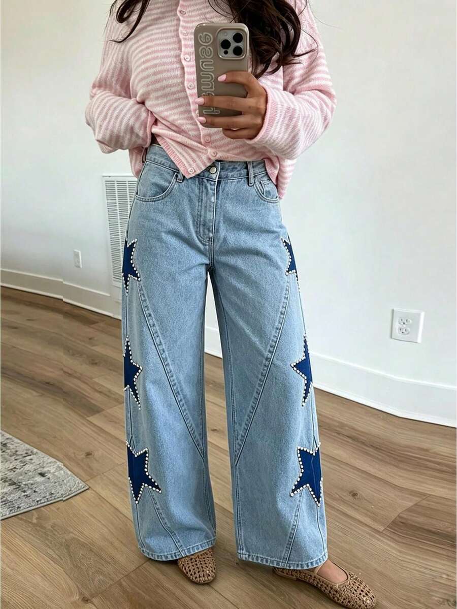 Women's Jeans With Pockets Stylish Mid Rise Casual Star Patch Wide Leg Denim Pants - Light Wash - View 1