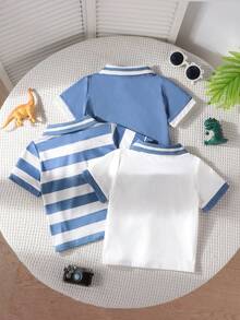 3pcs/Set Baby Boy Summer New Striped Print & Solid Color Polo Collar Outfit Set - Multicolor - View 2
