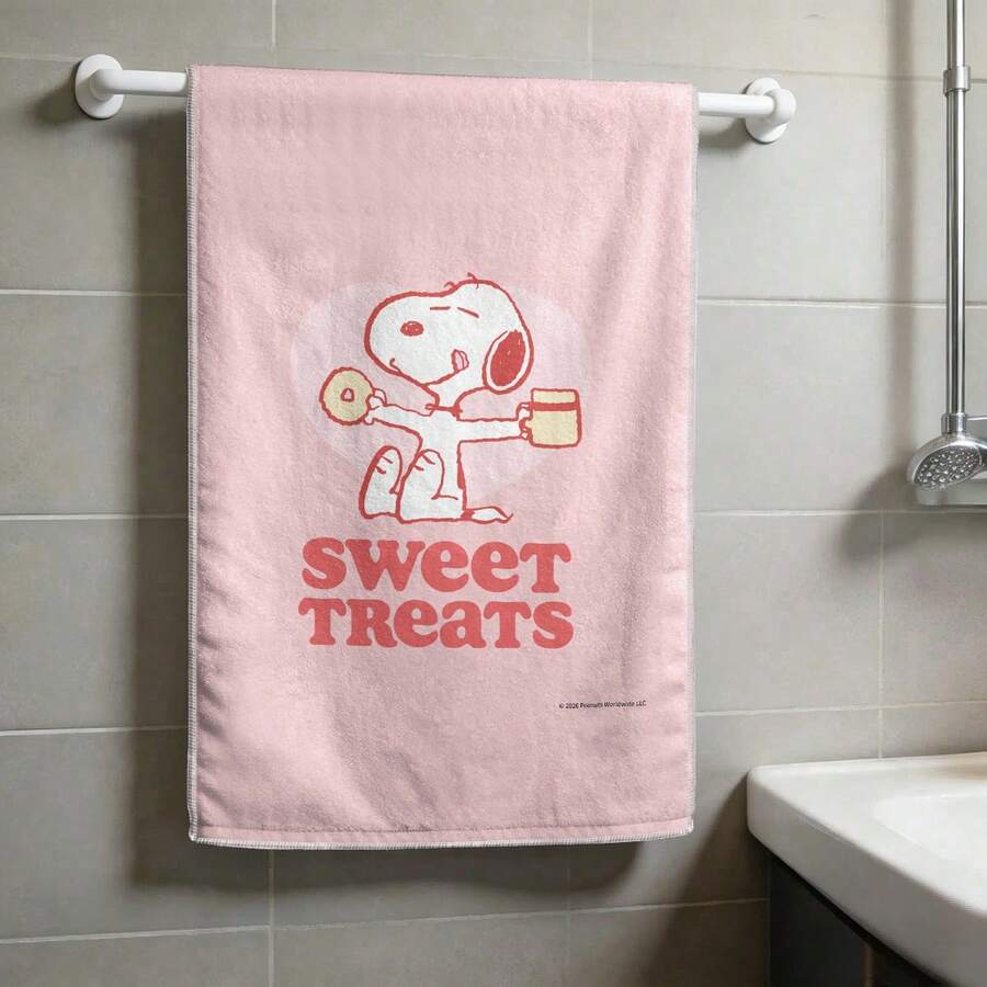 Miniso Peanuts Snoopy Towel Set, Pink Heart "Sweet Treats" Cartoon Print Soft Towels, Available In 1-Pack, 2-Pack, 3 Packs, 4-Pack, 5-Pack, 6-Pack, Perfect For Bathroom & Home Use - Colocr - View 1