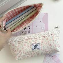 1pc Pink Floral Pencil Case - Large Capacity,Also Suitable As A/Women'S Cosmetic Bag.Features Lace Trim Design And RedCheckered Lining. Perfect For School, Travel,And Storage/Organization - Floral - View 6