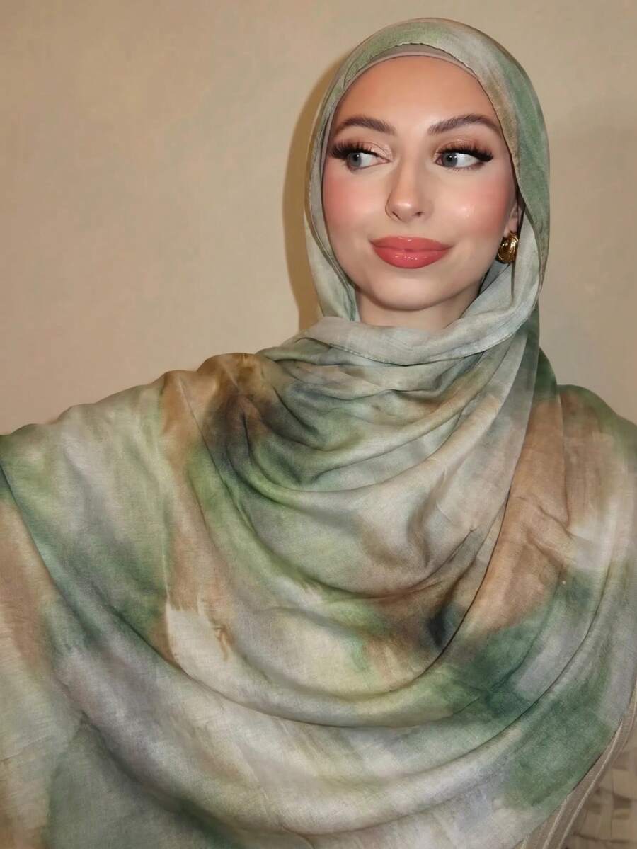 1pc Women's Bohemian Style Watercolor Marble Water Ripple Print Scarf Shawl, Suitable For Daily Wear - Olive Green - View 1