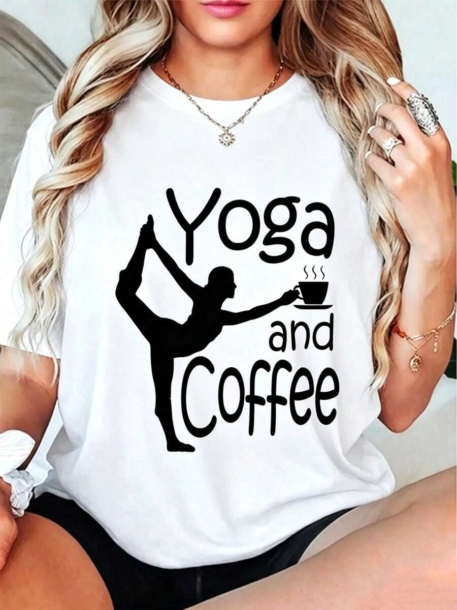 Women's Casual Yoga And Coffee T-Shirt, Modern Design With Inspirational Graphic, Comfortable T-Shirt For Practicing Yoga Or Having Coffee With Friends, Various Sizes In Black, Fashionable Fitness Clothing, In Sportswear. - 白色 - 查看 1