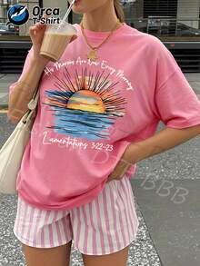 Women's Casual Summer T-Shirt, New Collection, Sunrise And Script Print, Regular Fit, 100% Cotton, 180 Gsm, Orca Brand. Suitable For Summer Leisure, Outdoor Activities, Sports, Vacations, Gifts, And Other Occasions. - 黑色 - 查看 7