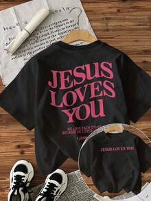 100% Cotton [Double-Sided Print] With A Striking Design Featuring Religious Text And Elements. Printed With The Phrase "Jesus, We Love You," This Short-Sleeved, Crew-Neck Cotton T-Shirt Is Suitable For All Seasons. Perfect For Layering In Spring And Fall Or Wearing Alone In Summer. A Neutral, Urban Style, This Modern, Heavyweight Cotton T-Shirt Is Ideal For Everyday Wear. - 黑色 - 查看 1