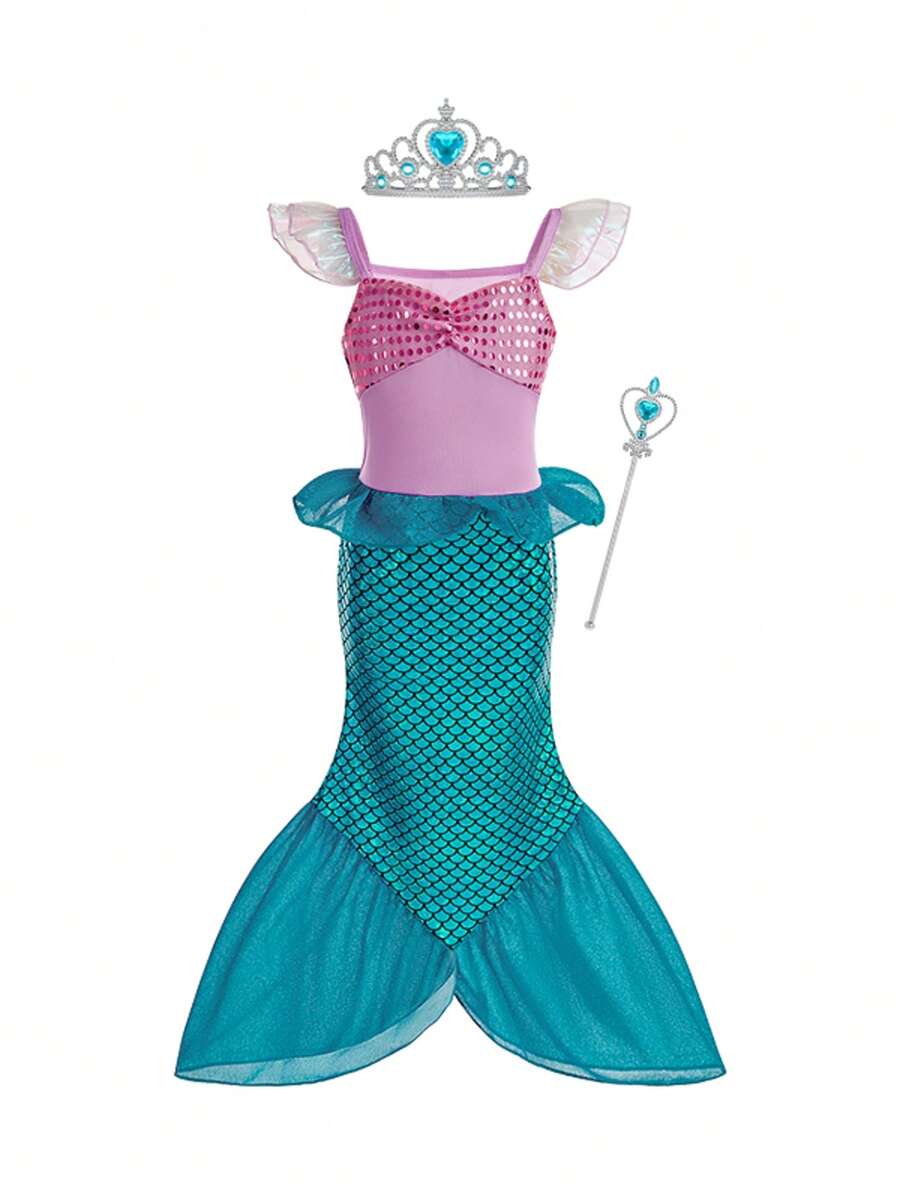 3pcs Girls New Dress, Color Block Fish Scale Design Mesh Ruffle Hem, Lively And Exquisite, Gorgeous Princess Dress, Party Outfit, Birthday Party Gift, Book Week Costume - Multicolor - View 1