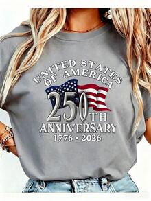 250th Anniversary American Flag T-Shirt & Light Blue Denim Shorts - Heavyweight 250 Years Of Independence Celebration, Soft Crew Neck Casual Shorts Suitable For Men & Women, 4th Of Outfit, Machine Washable,Women's Graphic Round Neck Short Sleeve Tee, Casual Daily Tops, St. Patrick's Day Easter Holiday Outfits - xám - Xem 12