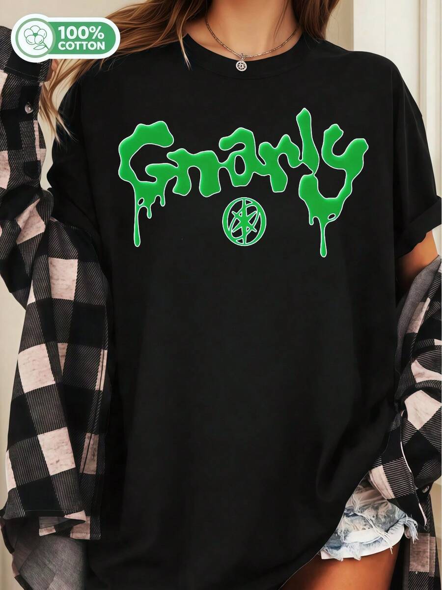 KATSEYES Gnarly Green Drip Logo Cotton T-Shirt Global Girl Group Fan Tee - Black - View 1