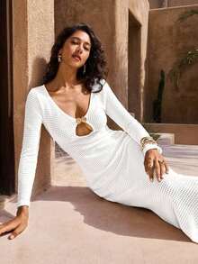 xheOpulessa 1 pieza Vestido de fiesta formal de punto de un solo color con cuello en V y manga larga con cola de pez para mujer, para vacaciones en otoño e invierno, boda, fiesta de cócteles y navidadxhe - Blanco - Ver 5