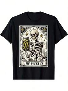Camiseta gráfica de esqueleto de cartas de tarot "The Pickles" para hombres - Casual, mezcla cómoda, ajuste holgado con cuello redondo y mangas cortas, perfecta para el verano - Negro - Ver 1