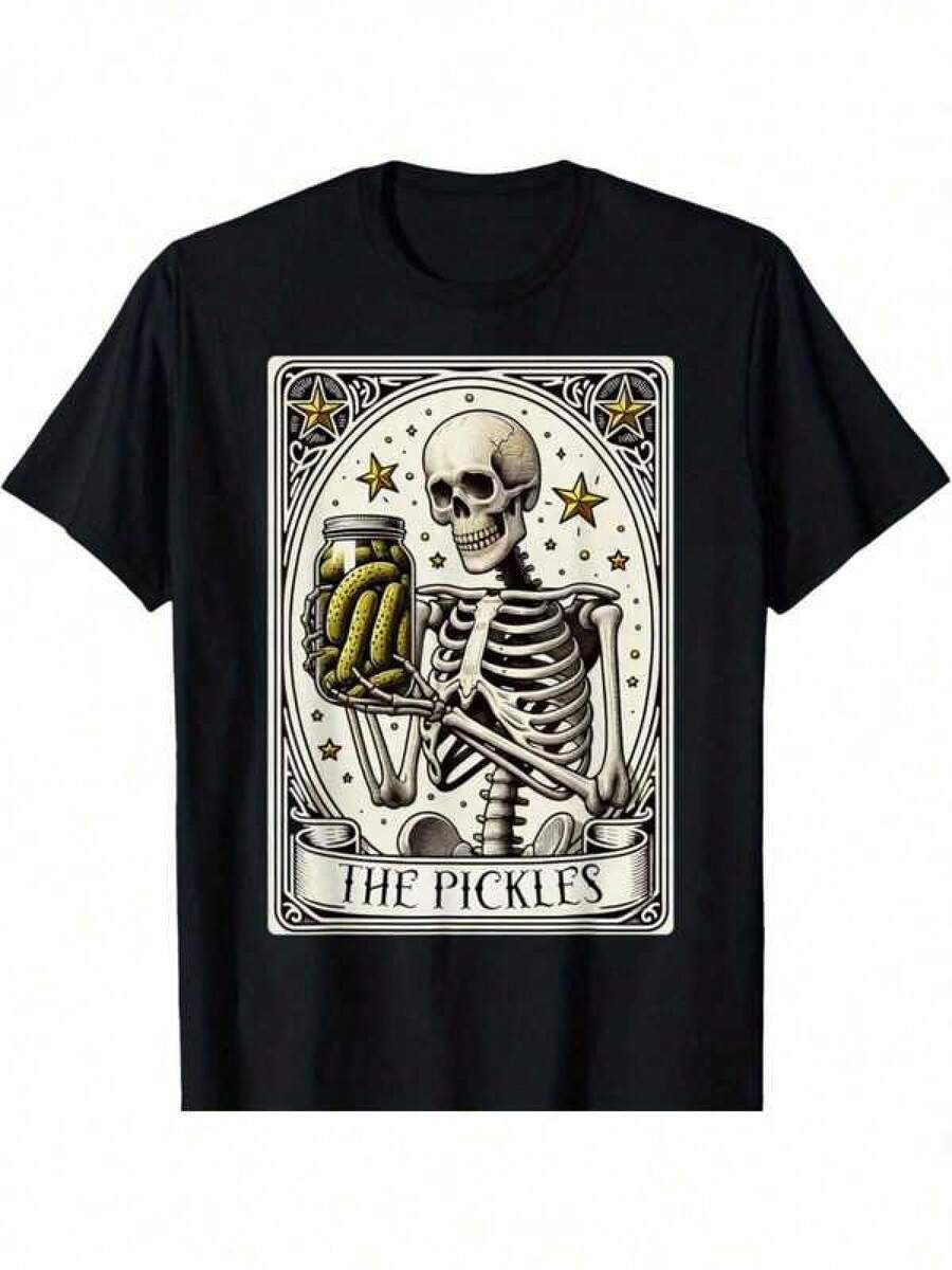 Camiseta gráfica de esqueleto de cartas de tarot "The Pickles" para hombres - Casual, mezcla cómoda, ajuste holgado con cuello redondo y mangas cortas, perfecta para el verano - Negro - Ver 1