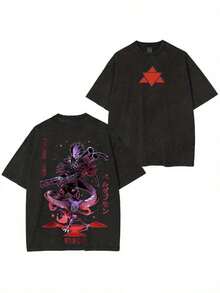 Men's Pure Cotton Casual T-Shirt With Anime Character Print, Y2K Style, Soft To The Touch, Breathable, Comfortable, Versatile, Fashionable And Short Sleeve. - 黑色 - 查看 6