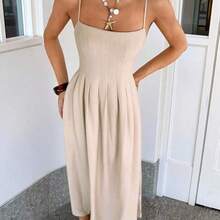 . .  Vestido de mujer con tirantes de espagueti y escote tubo de lino, estilo vacacional - Albaricoque - Ver 4