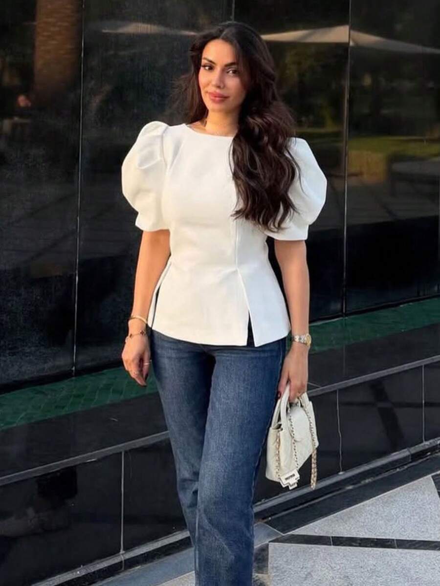 Women's Casual Blouse With Puff Sleeves, Round Neck, Solid Color, Split Hem, New Summer Fashion Elegant Apparel White - White - View 1