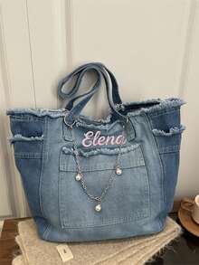 1件個性化刺繡客製化姓名高品質藍色帆布托特包，大容量通勤/工作/購物女款單肩包，極簡設計 - 彩色 - 查看 2
