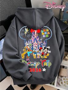 Disney Women's Loose-Fitting Hooded Sweatshirt With Castle And Mickey Mouse Family Print Design On The Front And Back. 2026 Travel-Themed Style, Casual, Comfortable, And Versatile, Suitable For Amusement Parks And Outings. - Màu xám đen - Xem 5