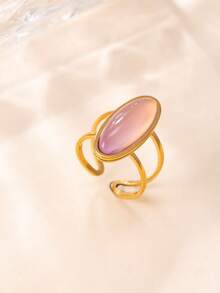 1pc 18K Gold Plated Stainless Steel Vintage Oval Cat Eye Stone Ring, Minimalist Elegant Finger Ring, High-Quality Fashion Accessory Suitable For Women's Daily Wear And Parties - Multicolor - View 6