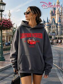 Disney Women's Loose-Fitting Hooded Sweatshirt With Lightning McQueen Print From Cars, Classic American Style, Comfortable And Versatile For Everyday Wear, Suitable For Various Occasions. - Dark Grey - View 2