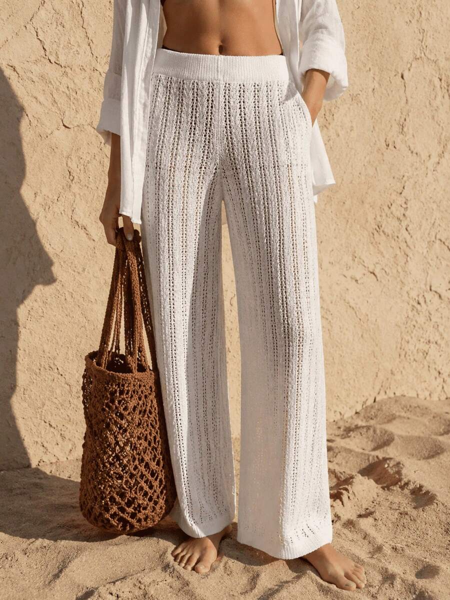 Women's Solid Color Elastic Waist Knit Beach Pants White - White - View 1