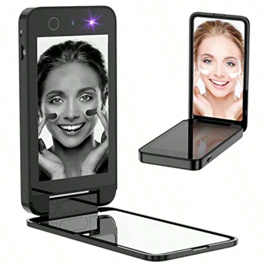 1188- Cámara UV para prueba de protector solar espejo UV espejo de tocador compacto espejo de maquillaje para viaje espejo de bolsillo de doble cara para protección de la piel 10.16 cm negro oscuro - Negro oscuro - Ver 1