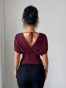 Elenzya Women's Blouse With Bell Sleeves, Gathered Shoulders, Drawstring Waist And Ruffled Hem, Stretch Mesh With Knit Lining, Elegant For Vacation, Beach, Travel And Casual Wear, In Romantic French Style - 黑色 - 查看 2